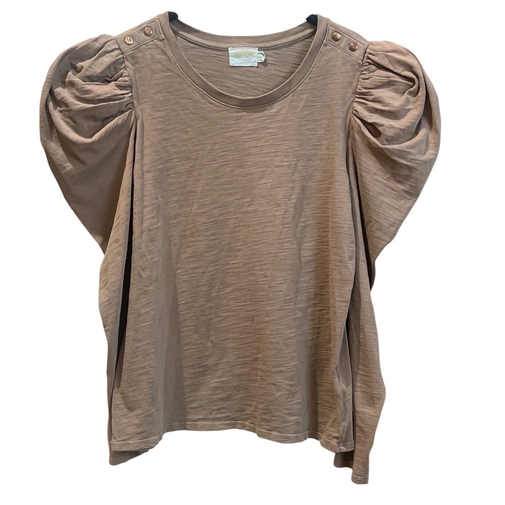 NATION LTD Puff Sleeve Tunic Top Taupe Cotton Button Shoulder Casual Size L